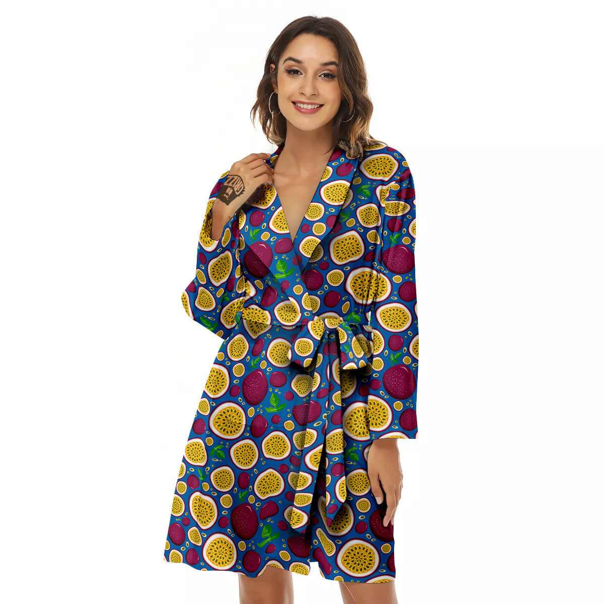 Blue Passion Fruit Print Pattern Women's Robe-grizzshop