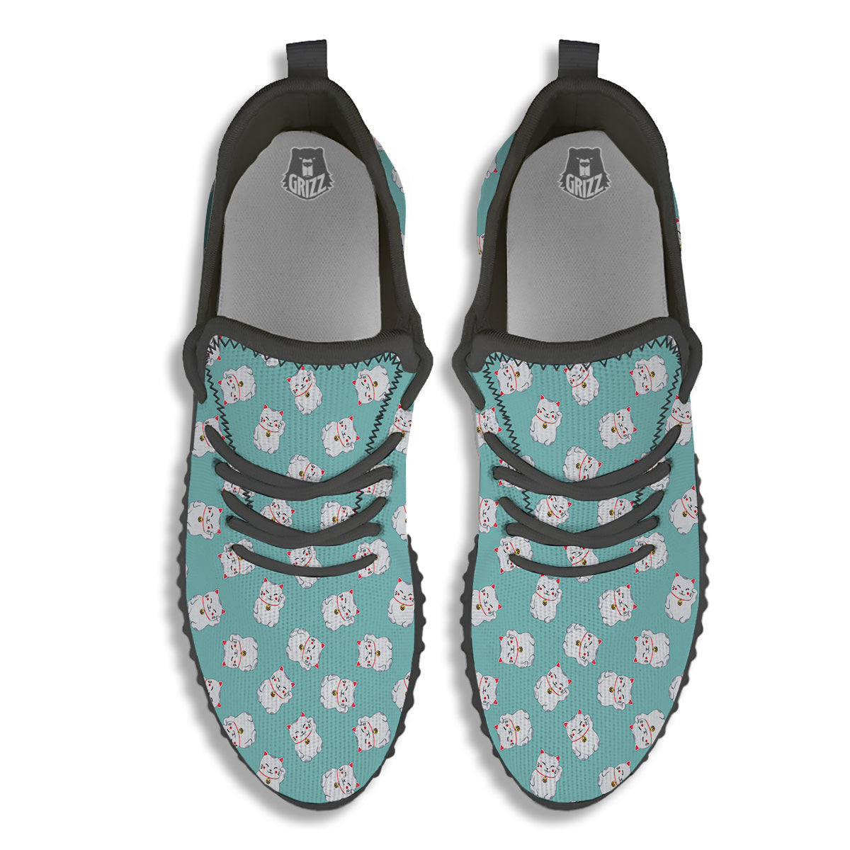 Blue Pastel Lucky Cat Print Pattern Black Walking Shoes-grizzshop