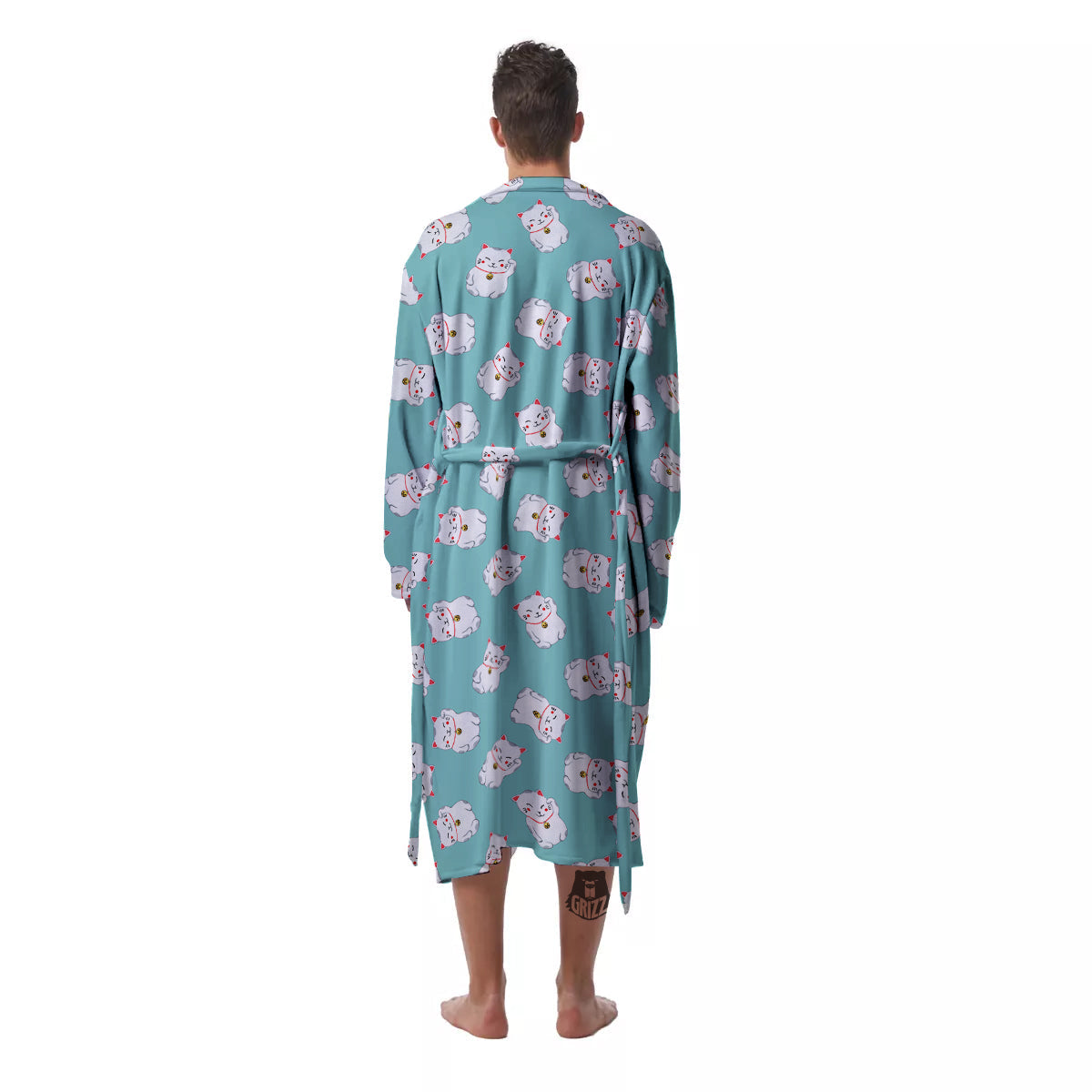 Blue Pastel Lucky Cat Print Pattern Men's Robe-grizzshop