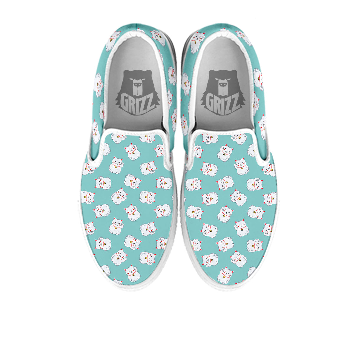 Blue Pastel Lucky Cat Print Pattern White Slip On Shoes-grizzshop