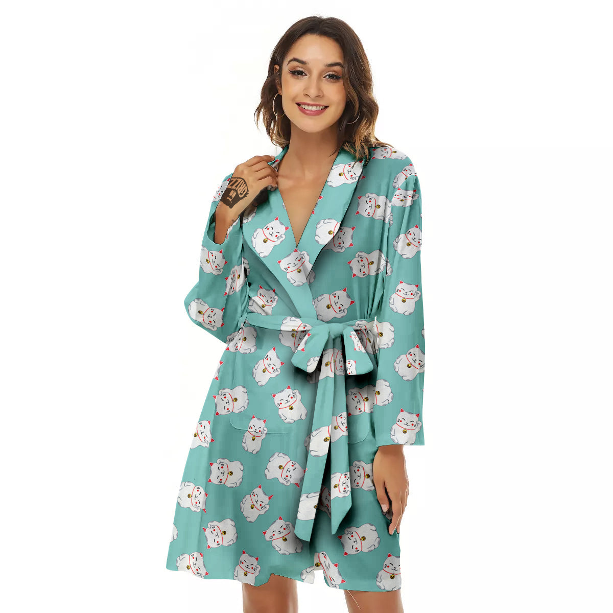 Blue Pastel Lucky Cat Print Pattern Women's Robe-grizzshop