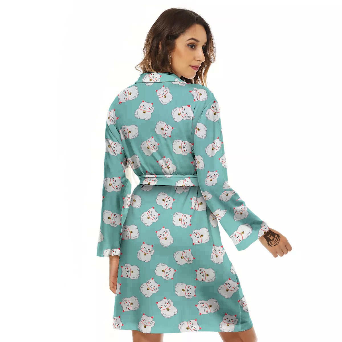 Blue Pastel Lucky Cat Print Pattern Women's Robe-grizzshop