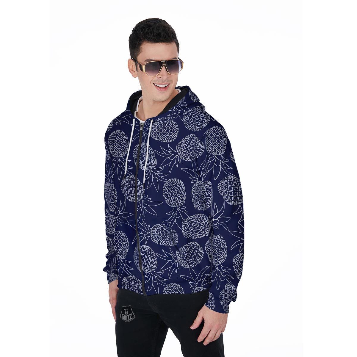 Blue Pine Pineapple Print Men's Zip Up Hoodie-grizzshop