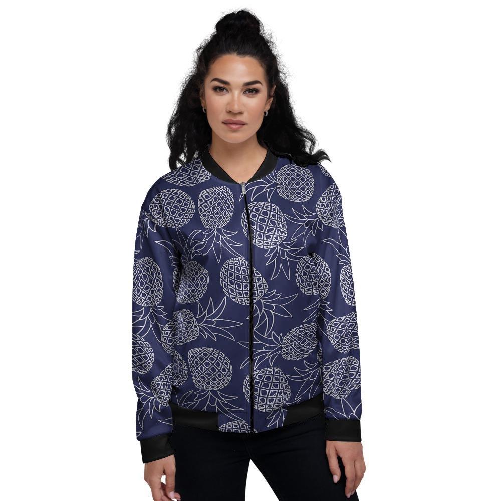 Blue Pine Pineapple Print Women's Bomber Jacket-grizzshop