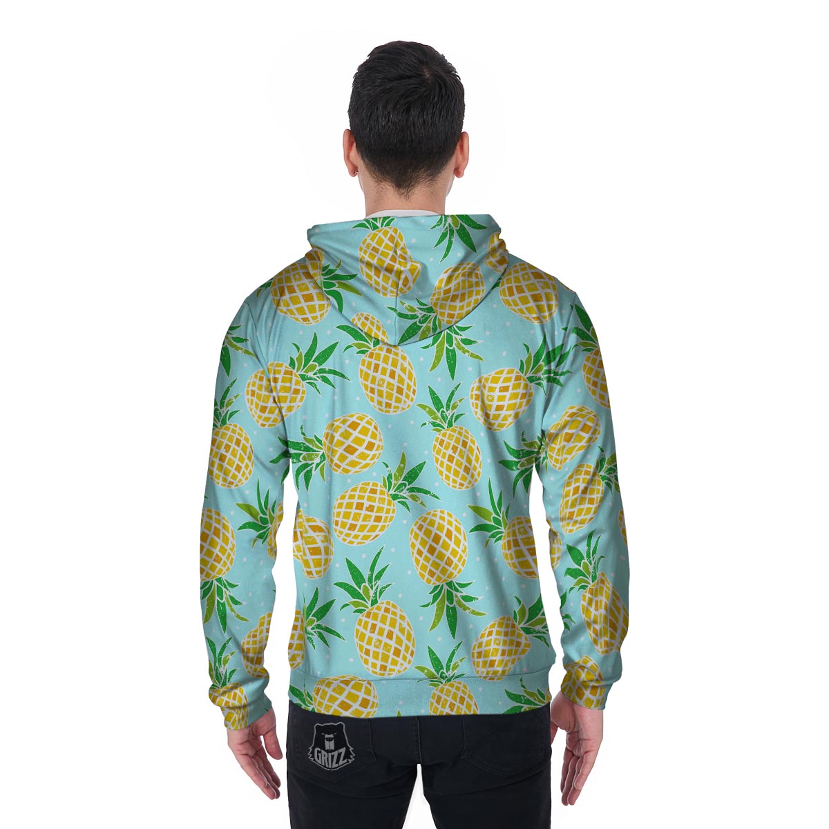 Blue Pineapple Print Men's Zip Up Hoodie-grizzshop