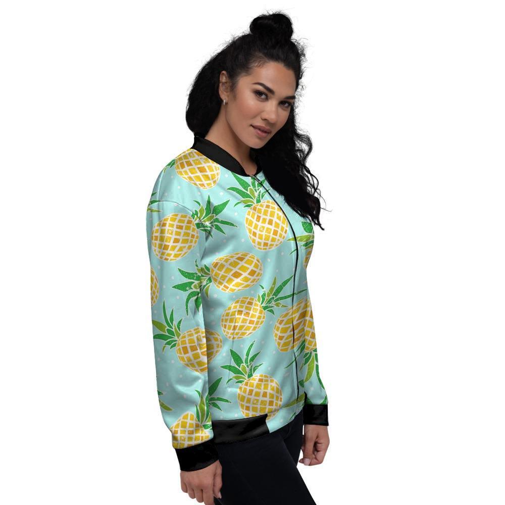 Blue Pineapple Print Women's Bomber Jacket-grizzshop