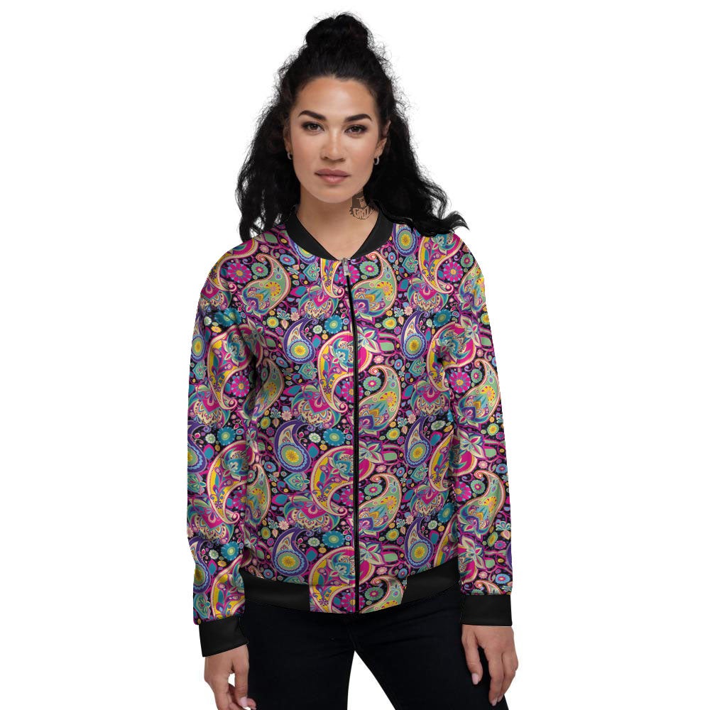 Blue Pink And Green Paisley Print Women's Bomber Jacket-grizzshop