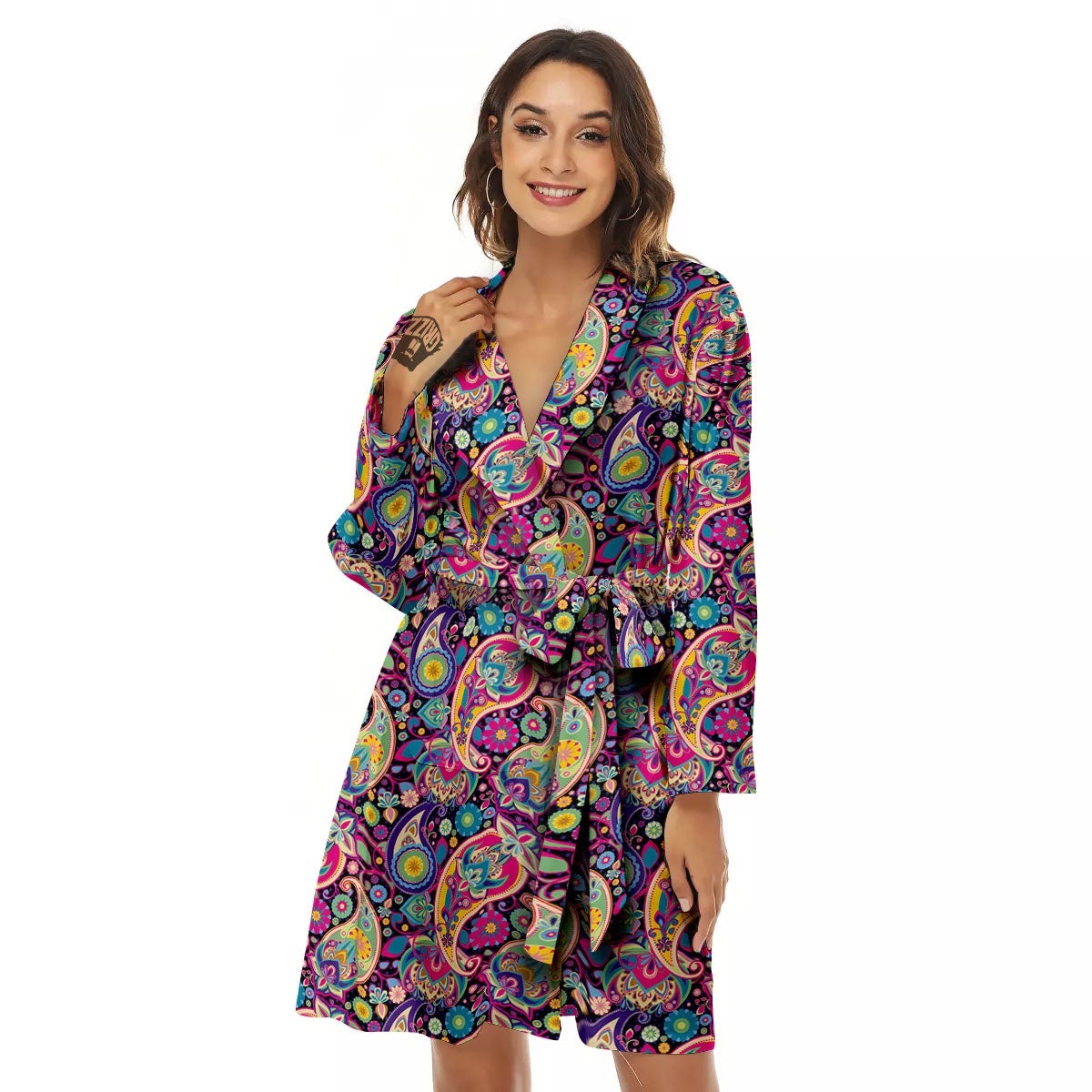 Blue Pink And Green Paisley Print Women's Robe-grizzshop