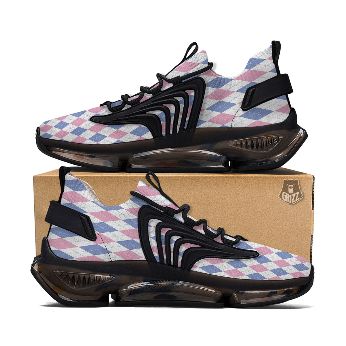 Blue Pink And White Argyle Print Pattern Black Gym Shoes-grizzshop