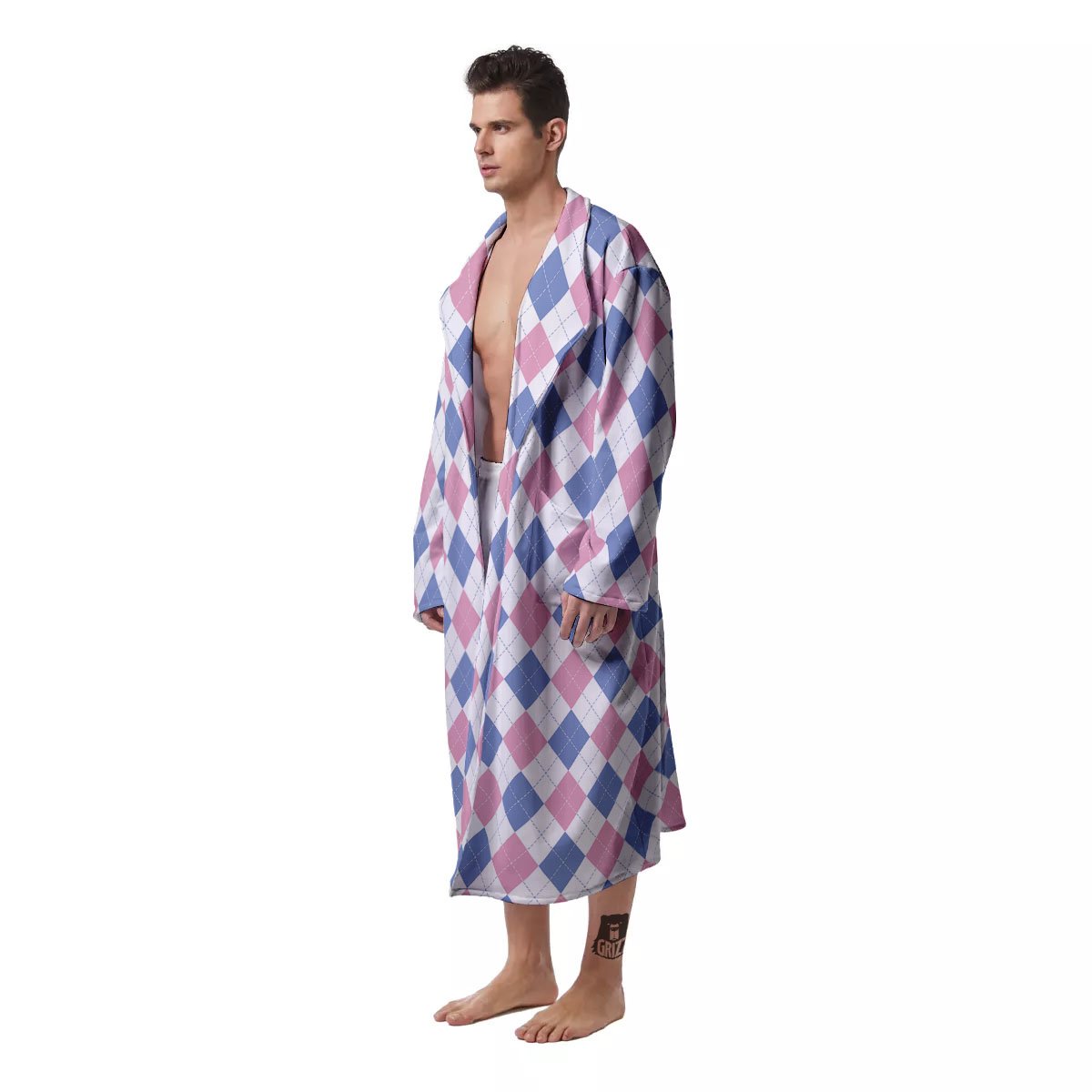 Blue Pink And White Argyle Print Pattern Men's Robe-grizzshop