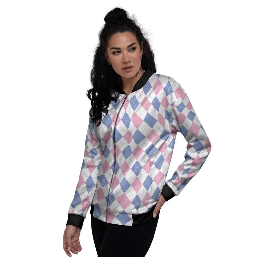 Blue Pink And White Argyle Print Pattern Women's Bomber Jacket-grizzshop