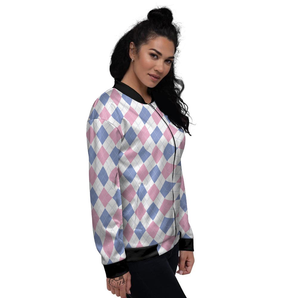 Blue Pink And White Argyle Print Pattern Women's Bomber Jacket-grizzshop