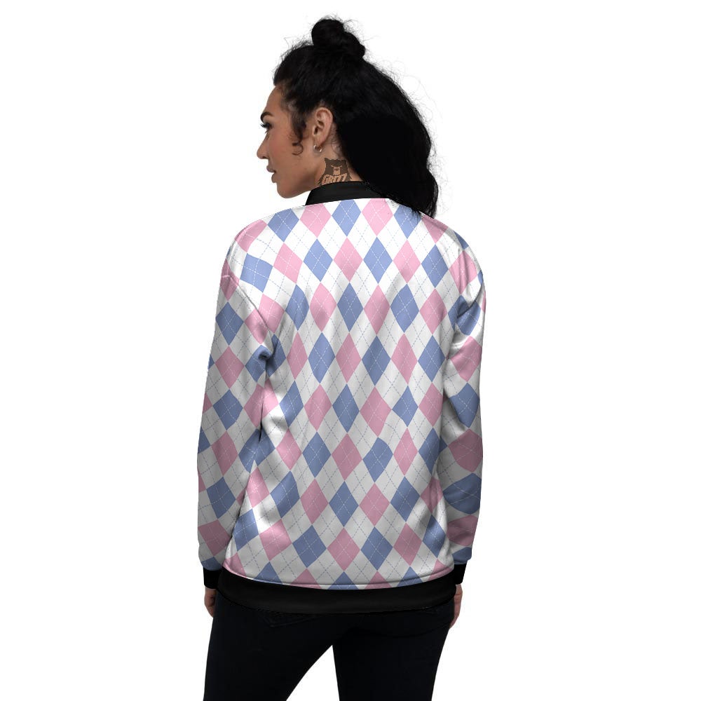 Blue Pink And White Argyle Print Pattern Women's Bomber Jacket-grizzshop