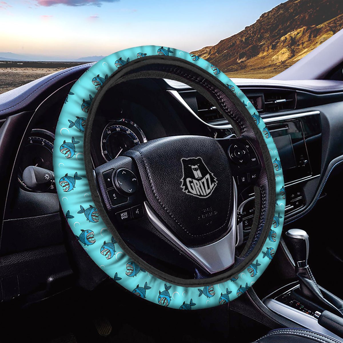 Blue Piranha Print Pattern Car Steering Wheel Cover-grizzshop