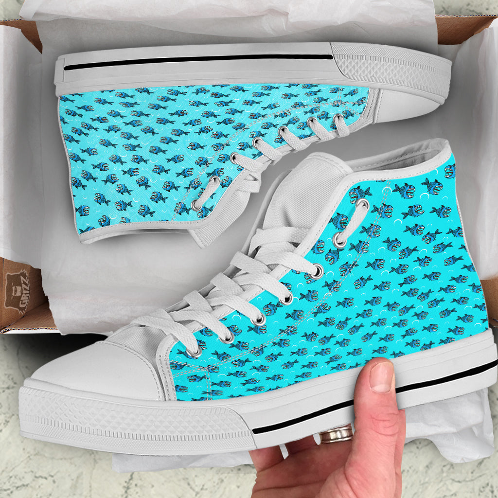 Blue Piranha Print Pattern White High Top Shoes-grizzshop