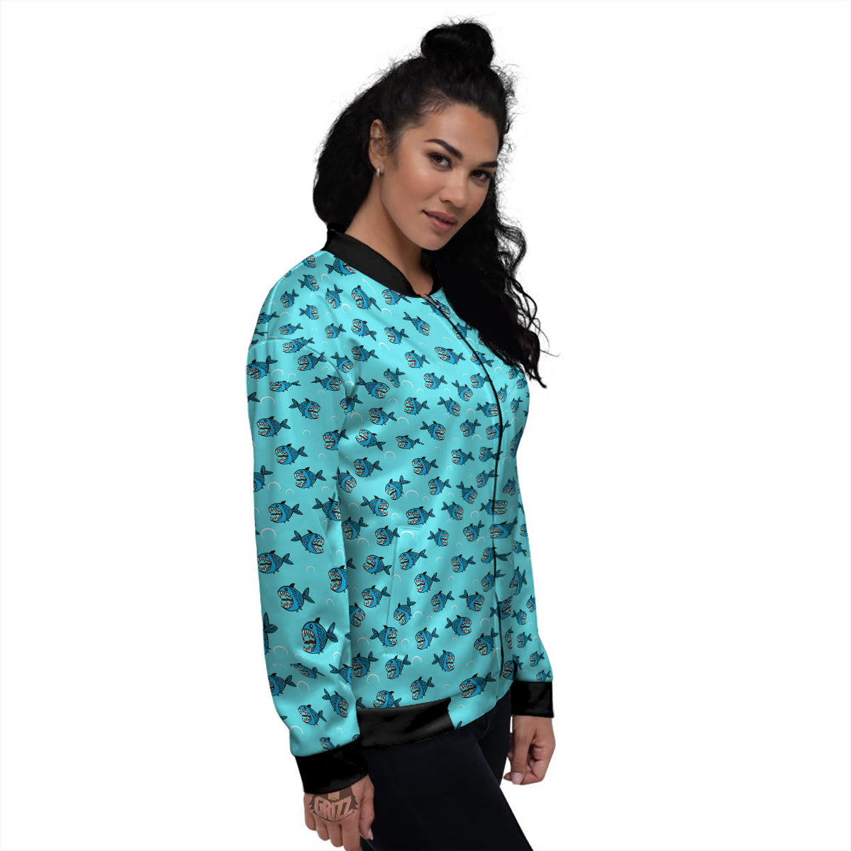 Blue Piranha Print Pattern Women's Bomber Jacket-grizzshop
