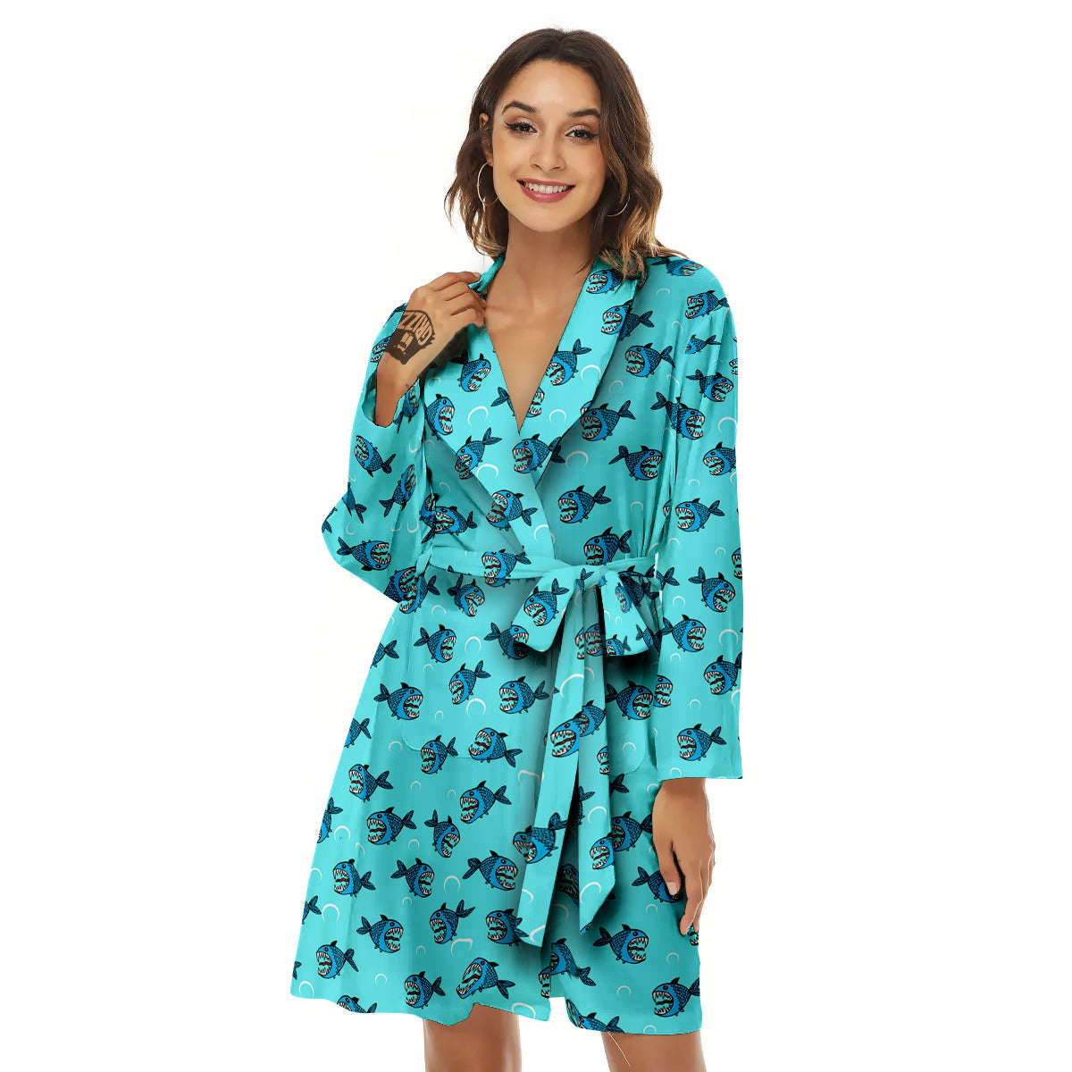Blue Piranha Print Pattern Women's Robe-grizzshop