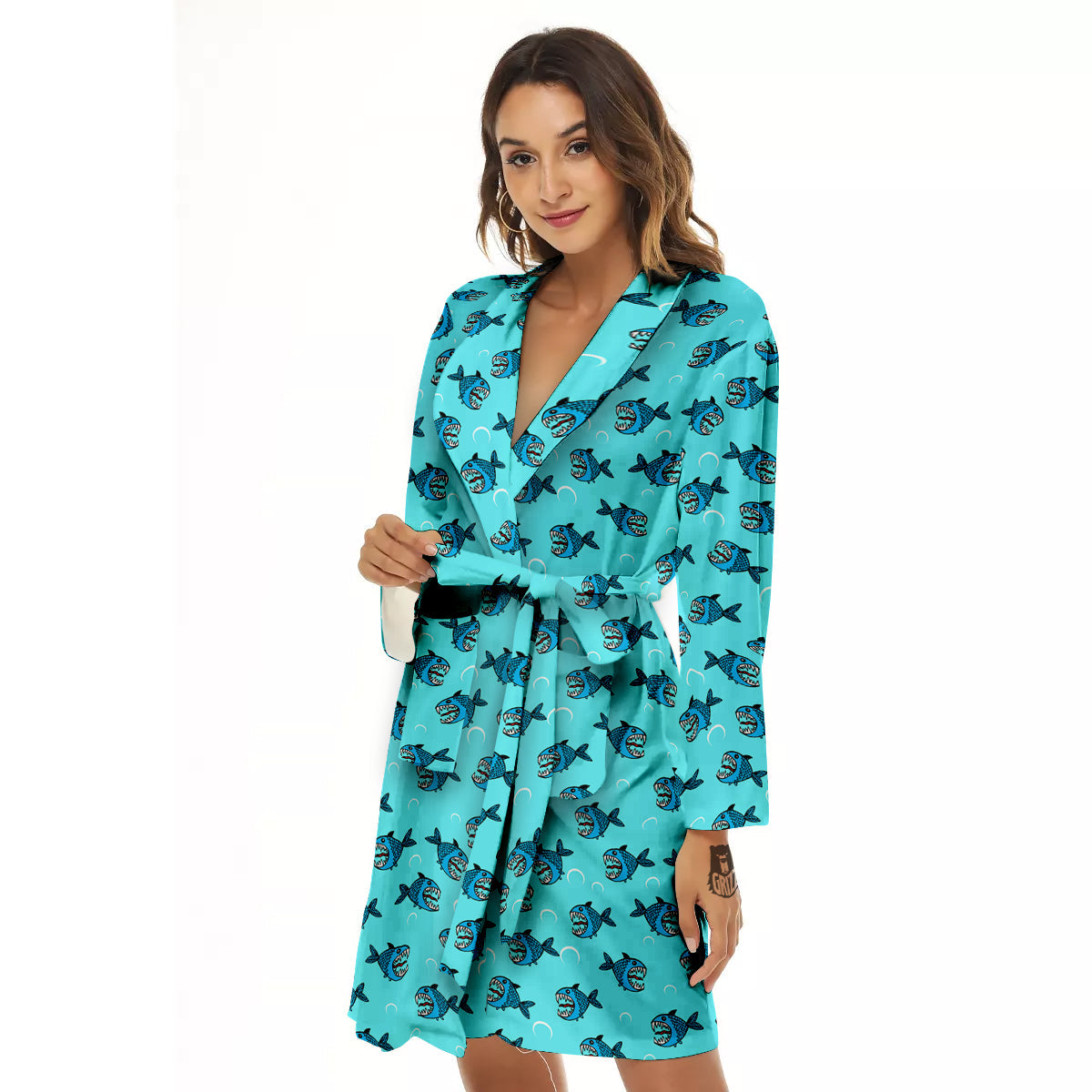 Blue Piranha Print Pattern Women's Robe-grizzshop