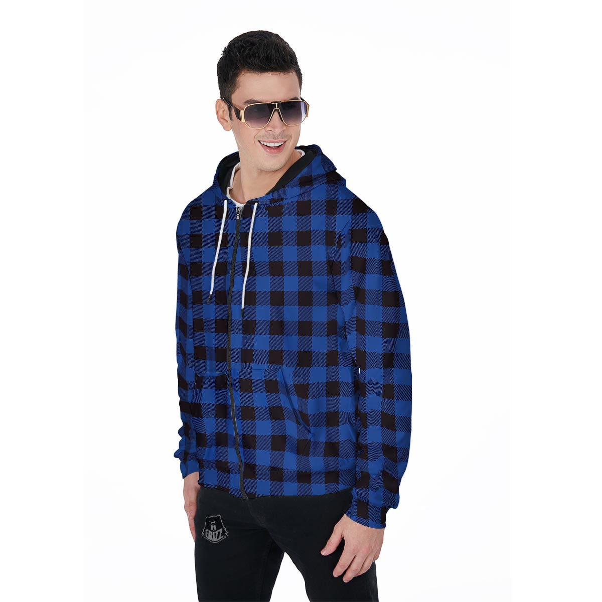 Blue Plaid Men's Zip Up Hoodie-grizzshop