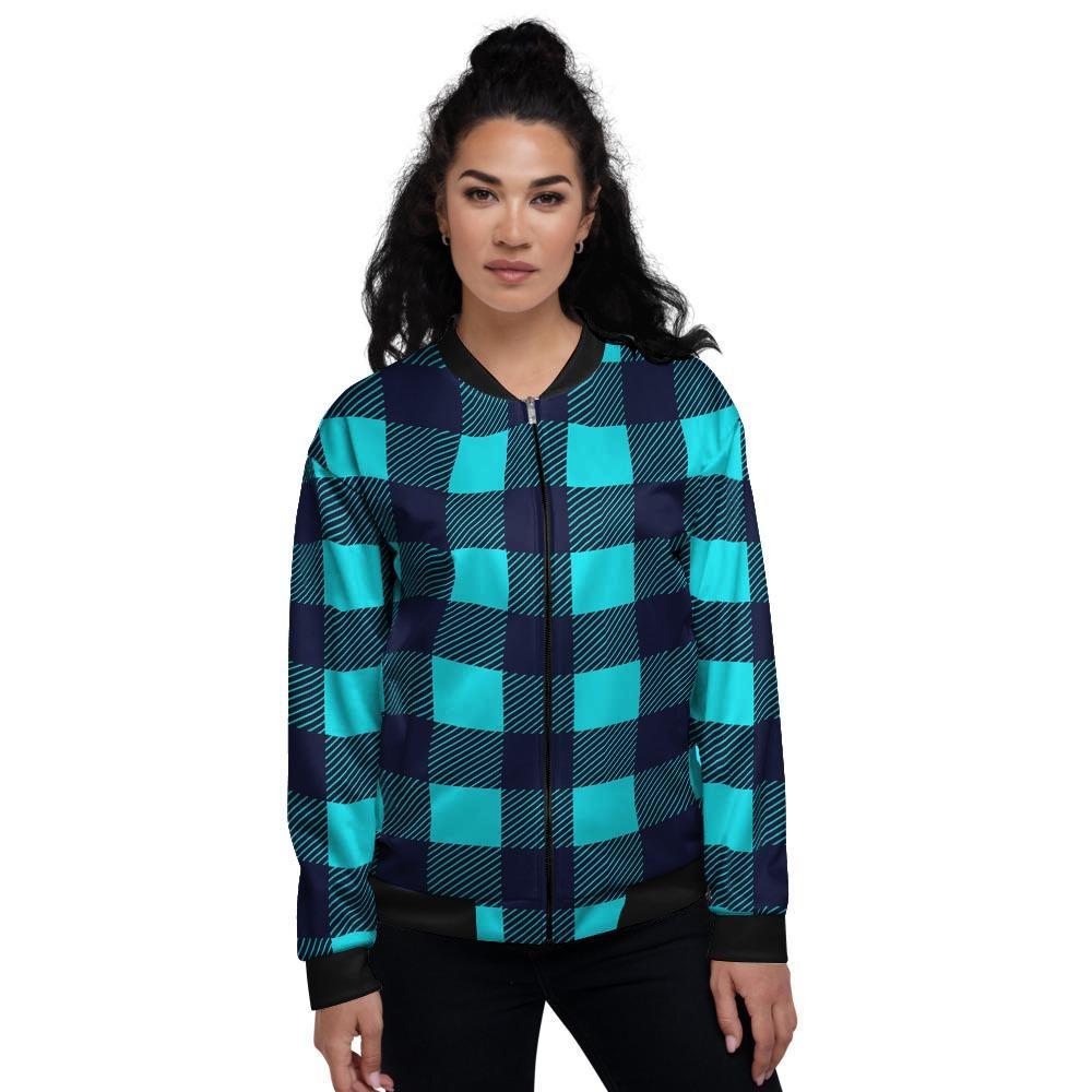 Blue Plaid Print Women's Bomber Jacket-grizzshop