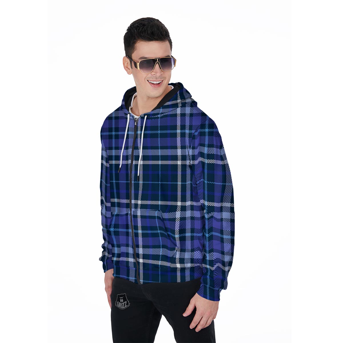 Blue Plaid Tartan Men's Zip Up Hoodie-grizzshop