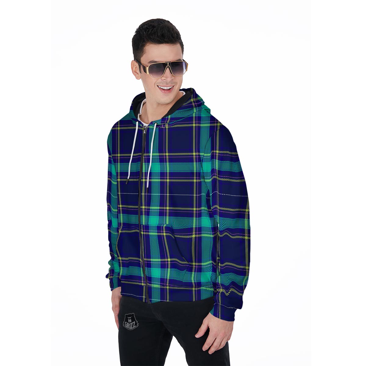 Blue Plaid Tartan Print Men's Zip Up Hoodie-grizzshop