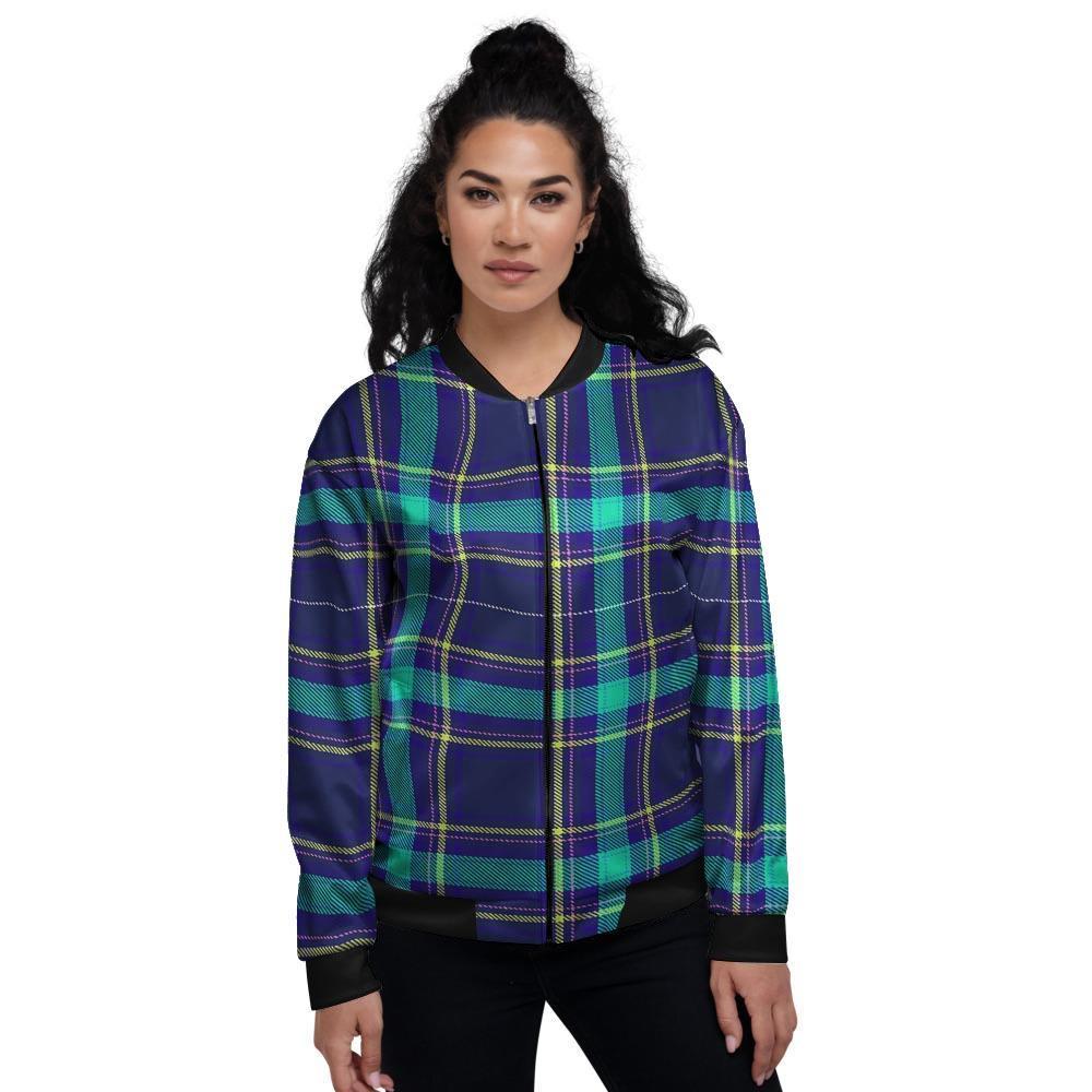 Blue Plaid Tartan Print Women's Bomber Jacket-grizzshop