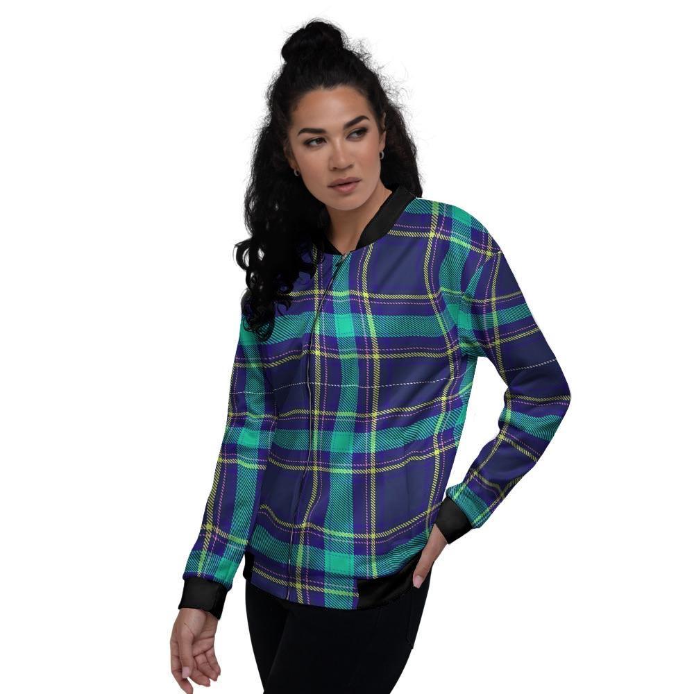 Blue Plaid Tartan Print Women's Bomber Jacket-grizzshop