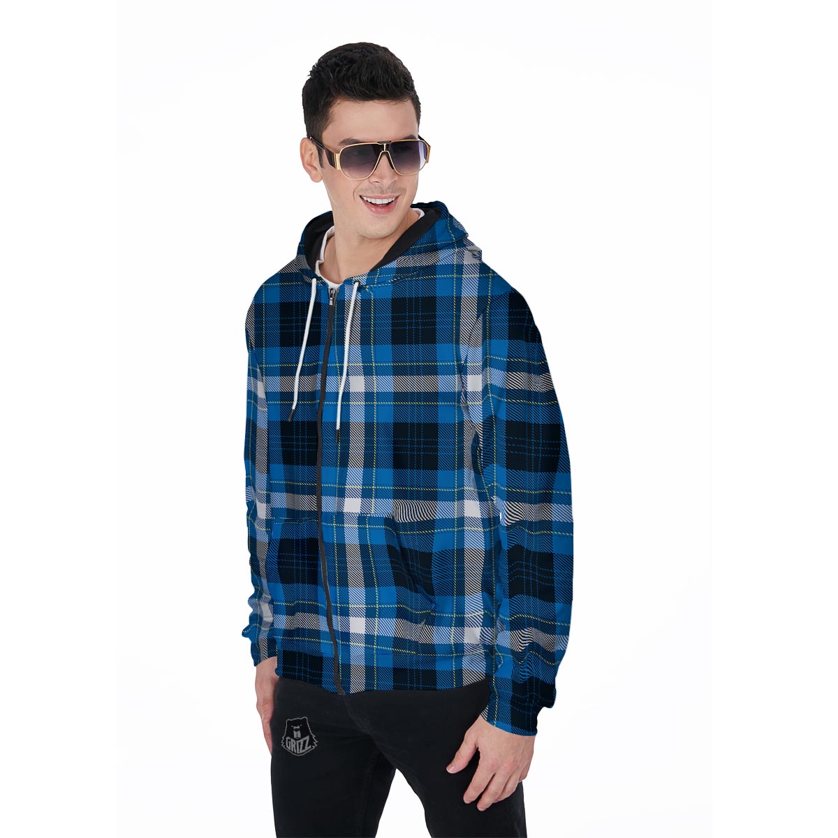 Blue Plaid Tartan Scottish Men's Zip Up Hoodie-grizzshop