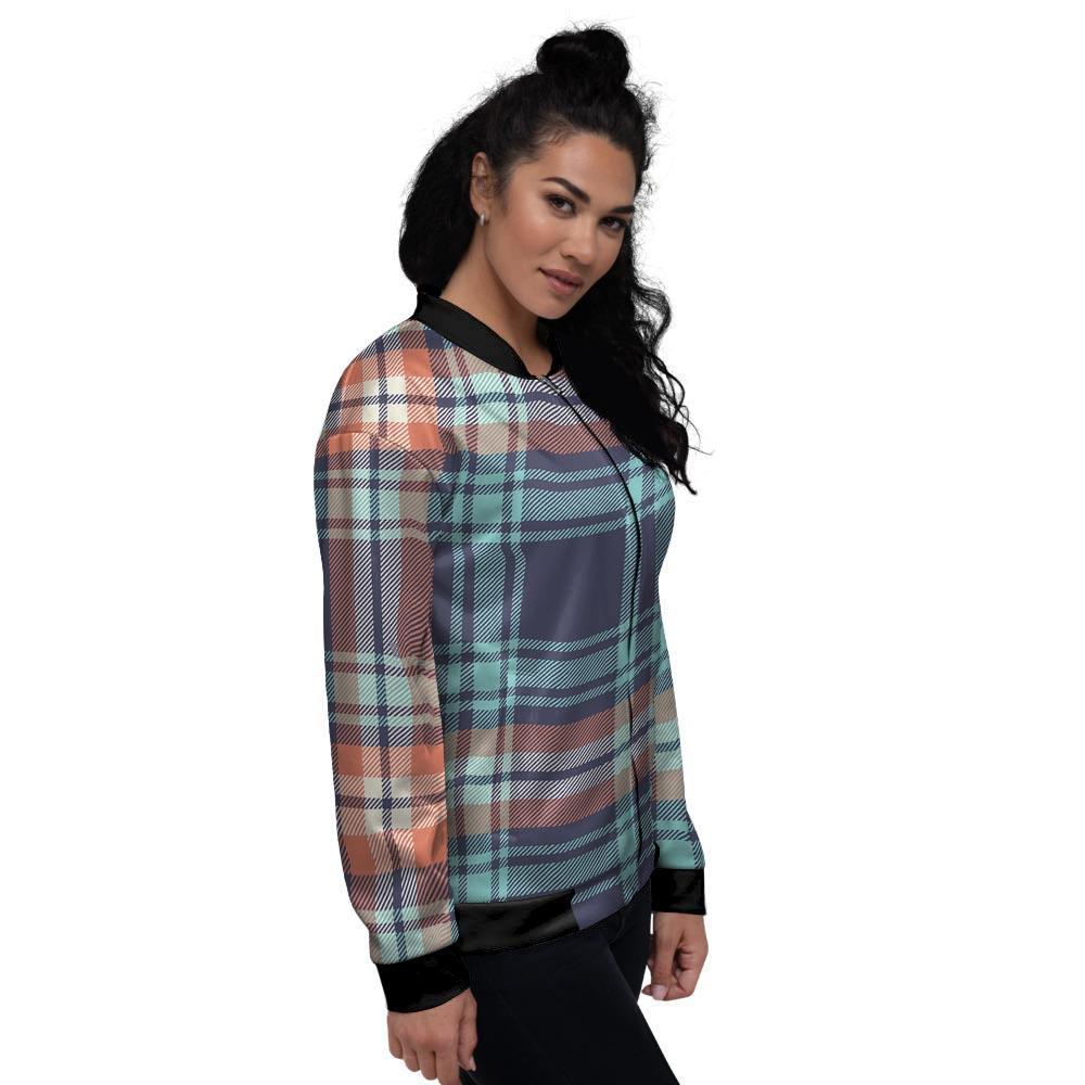 Blue Plaid Tartan Scottish Print Women's Bomber Jacket-grizzshop