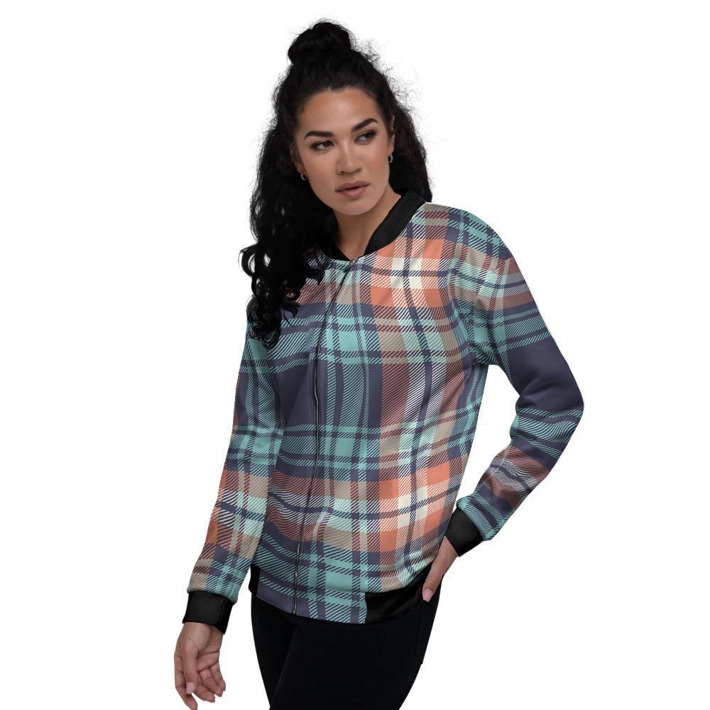 Blue Plaid Tartan Scottish Print Women's Bomber Jacket-grizzshop