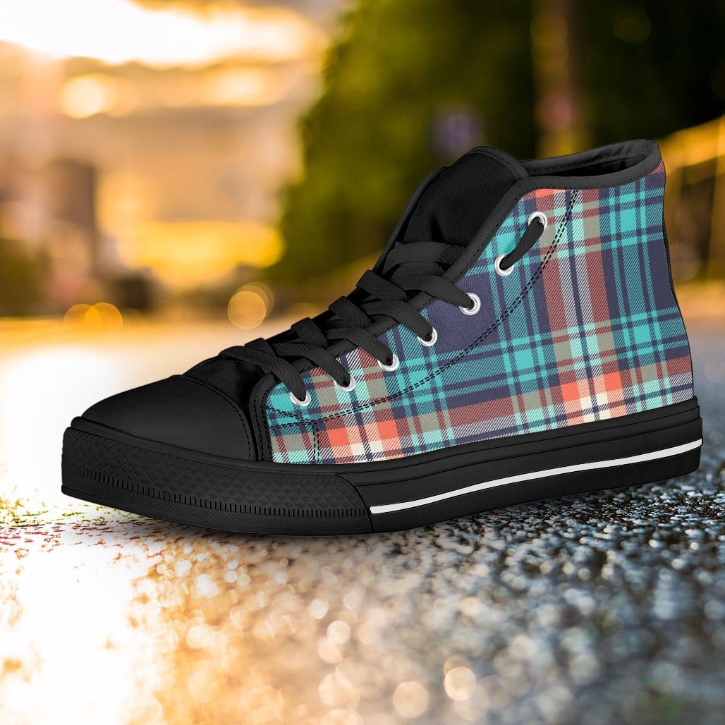 Blue Plaid Tartan Scottish Print Women's High Top Shoes-grizzshop