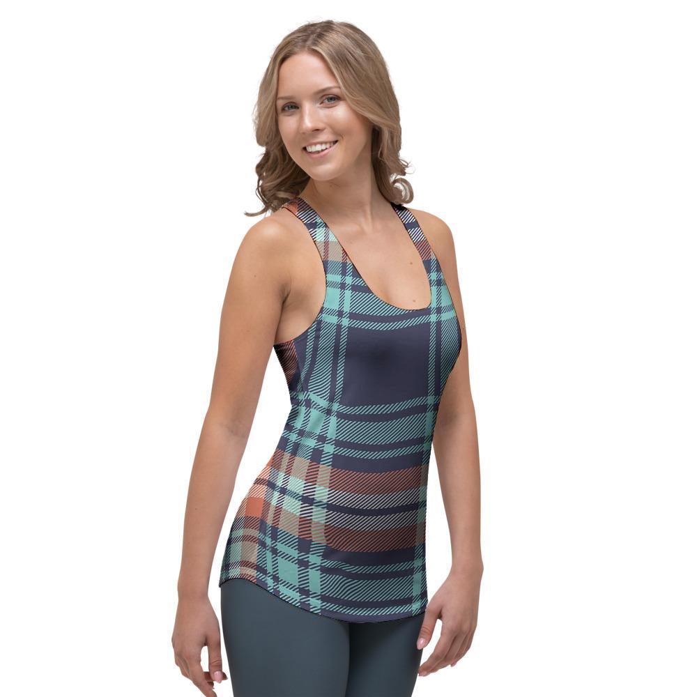 Blue Plaid Tartan Scottish Print Women's Racerback Tank Top-grizzshop