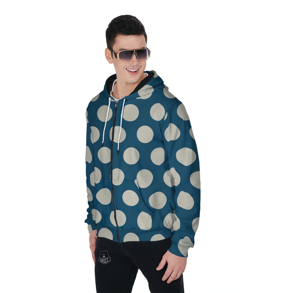 Blue Polka Dot Men's Zip Up Hoodie-grizzshop