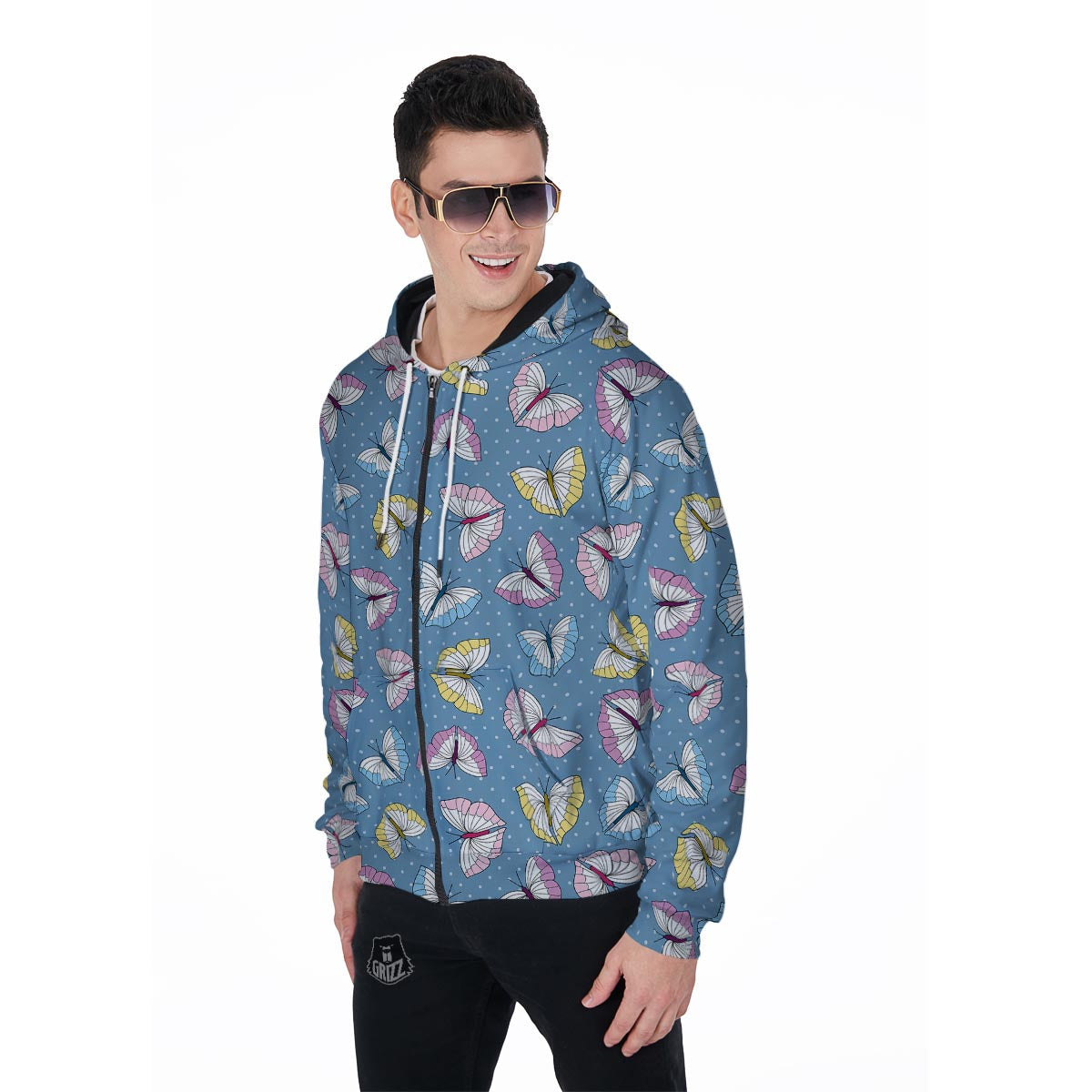 Blue Polka Dots Butterfly Print Men's Zip Up Hoodie-grizzshop