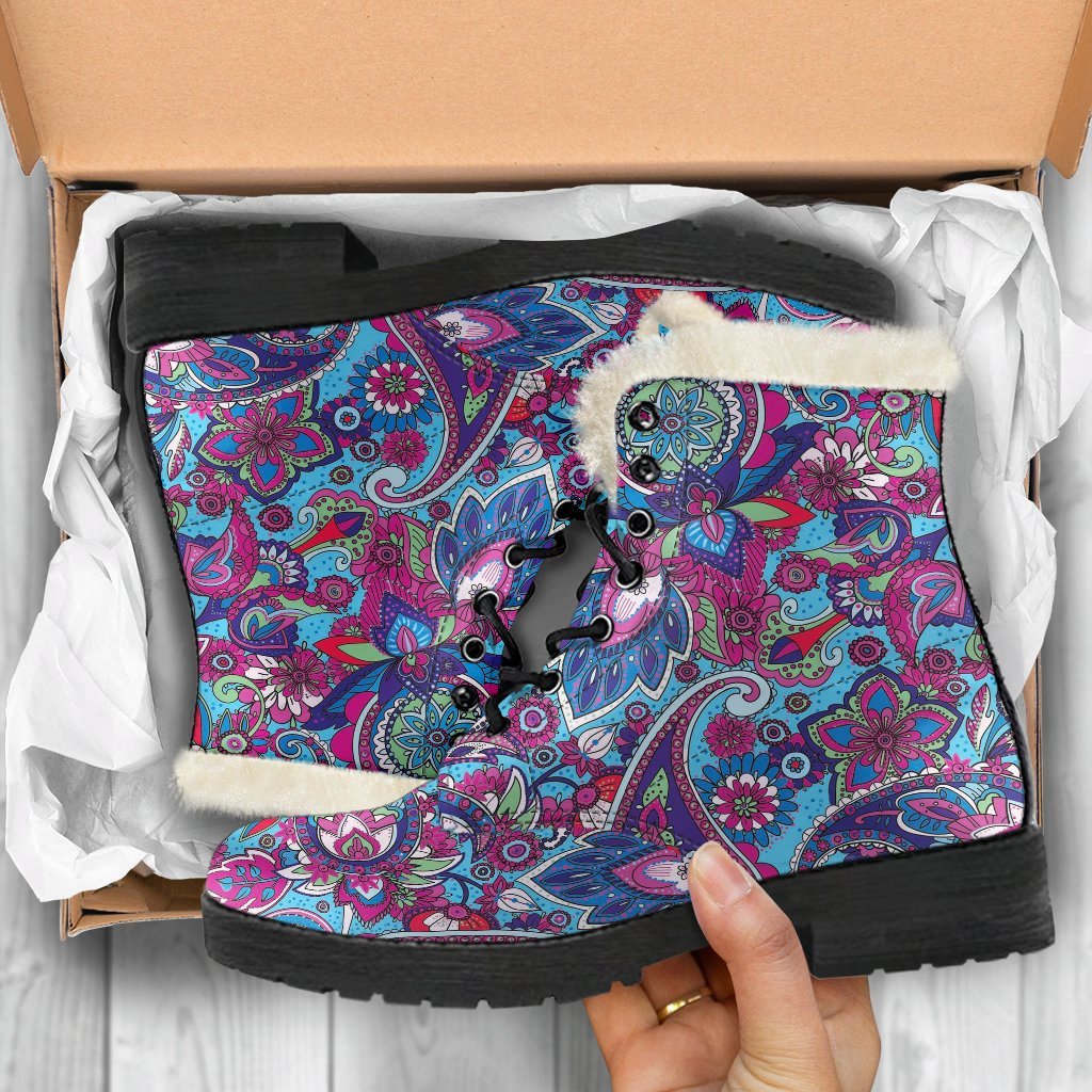 Blue Purple Red Paisley Pattern Print Comfy Winter Boots-grizzshop