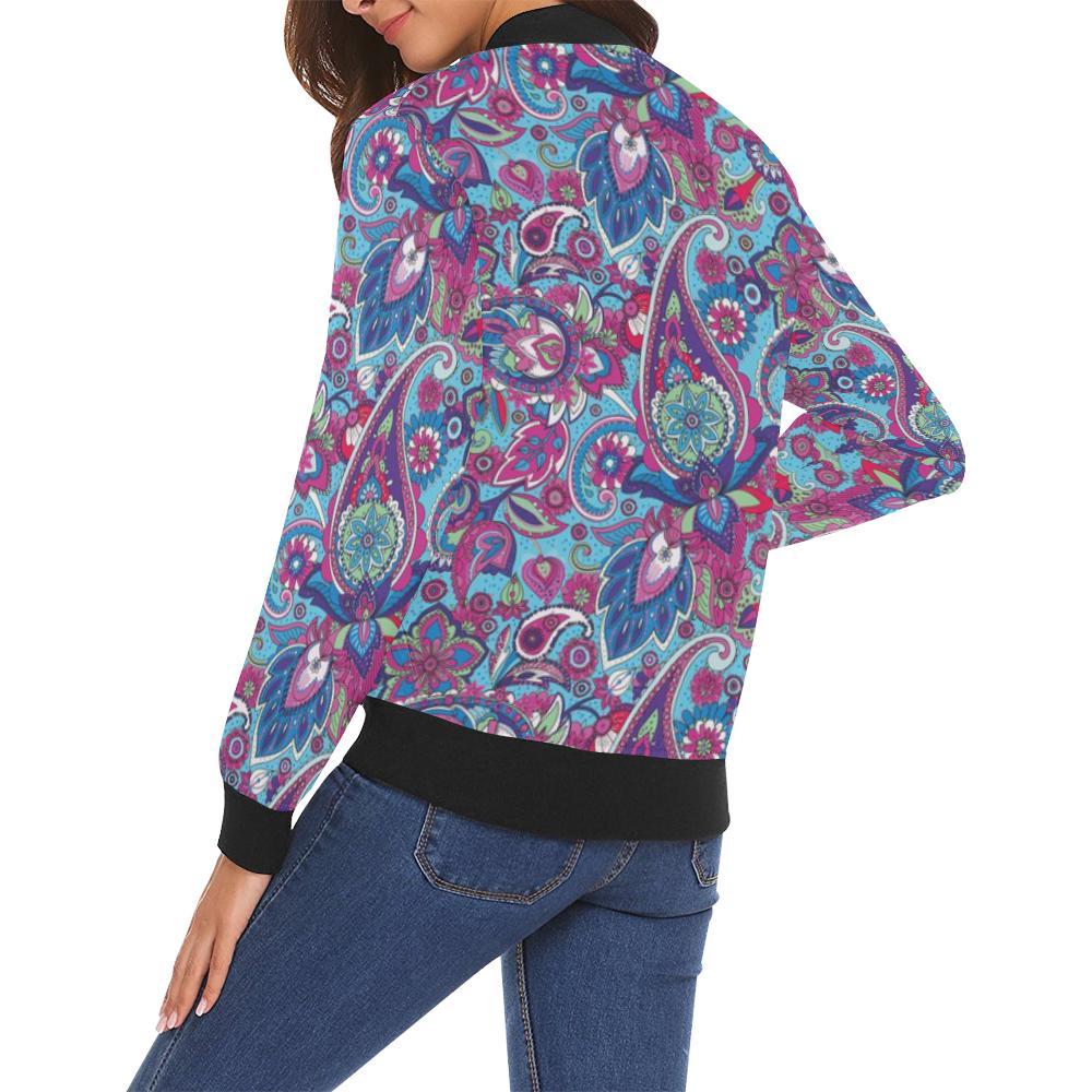 Blue Purple Red Paisley Pattern Print Women Casual Bomber Jacket-grizzshop