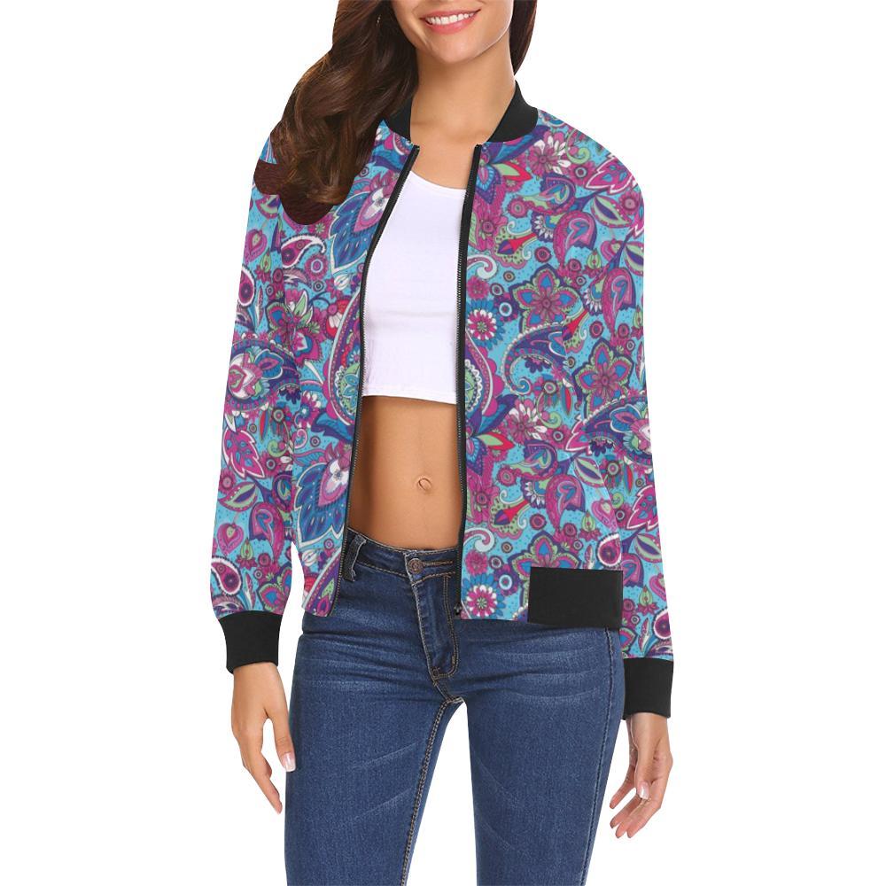 Blue Purple Red Paisley Pattern Print Women Casual Bomber Jacket-grizzshop