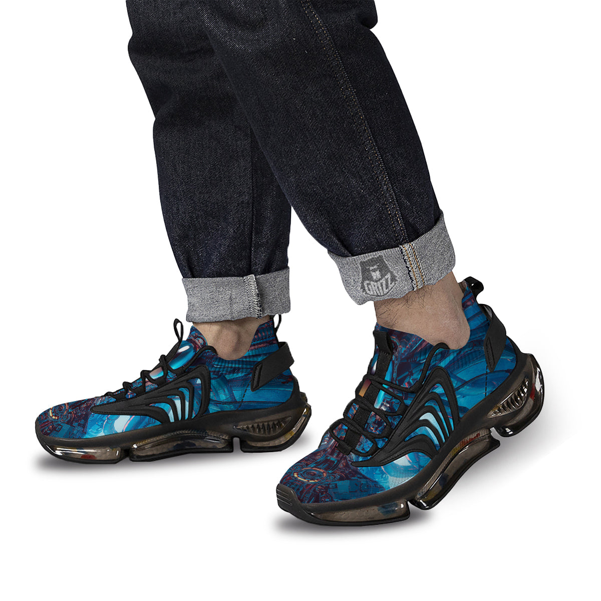 Blue Robot Cyberpunk Print Black Gym Shoes-grizzshop