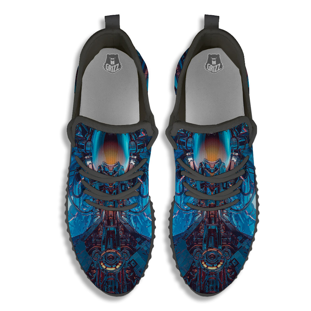 Blue Robot Cyberpunk Print Black Walking Shoes-grizzshop