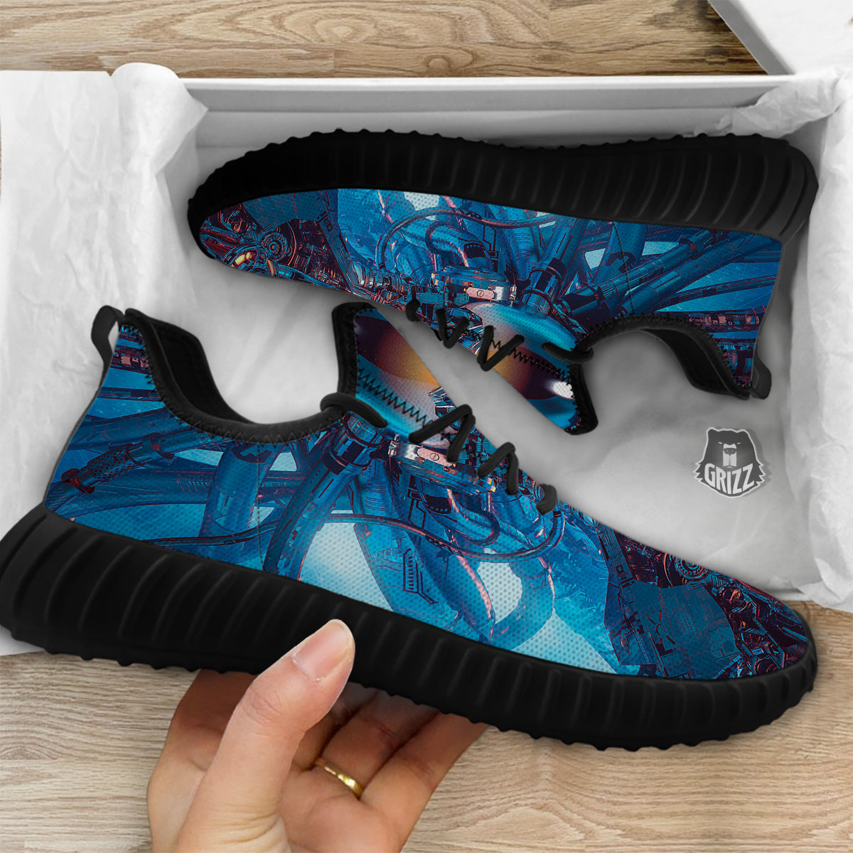 Blue Robot Cyberpunk Print Black Walking Shoes-grizzshop