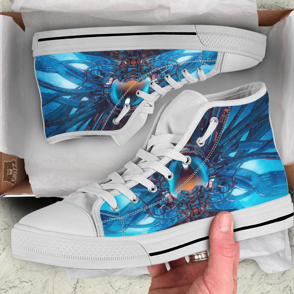 Blue Robot Cyberpunk Print White High Top Shoes-grizzshop