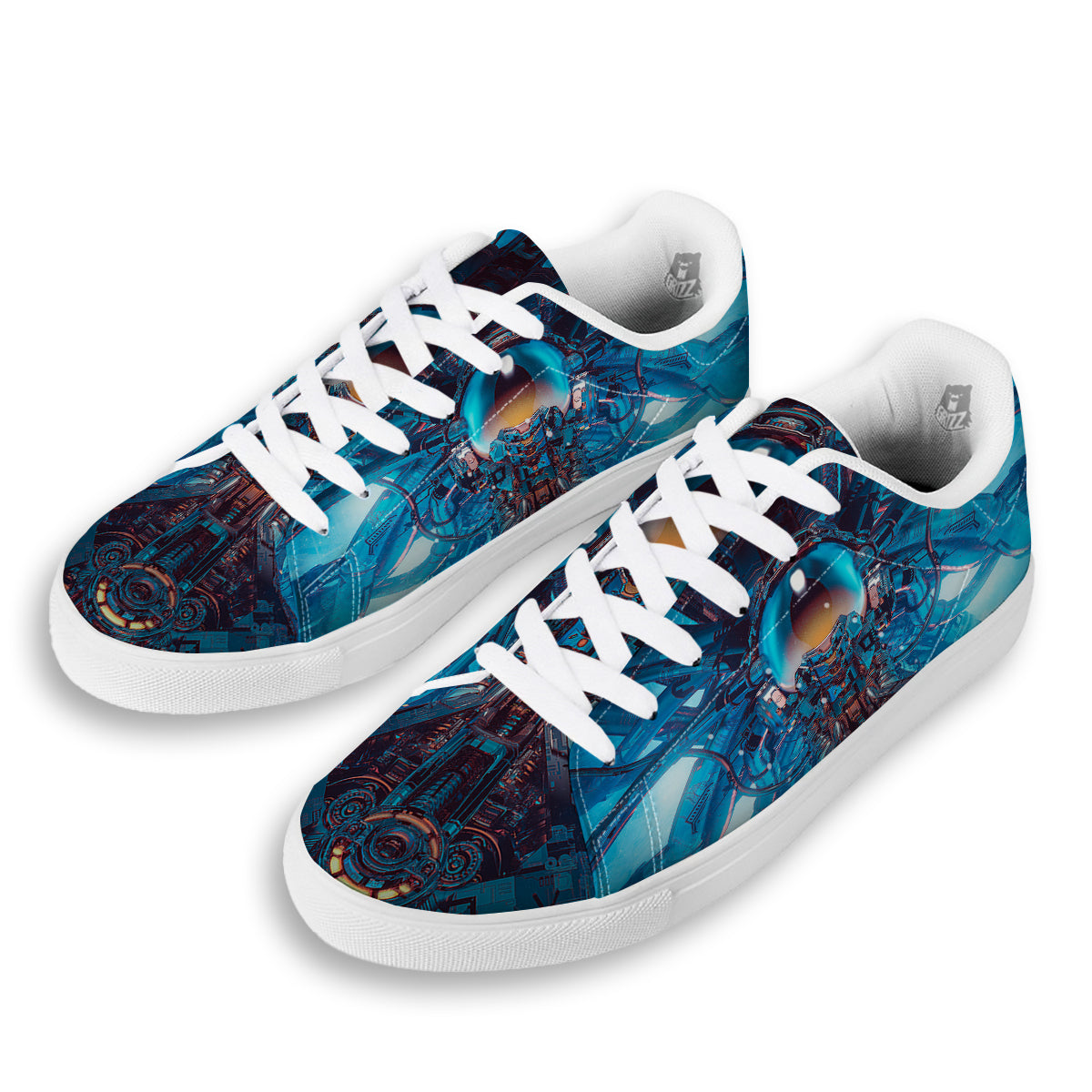 Blue Robot Cyberpunk Print White Low Top Sneakers-grizzshop
