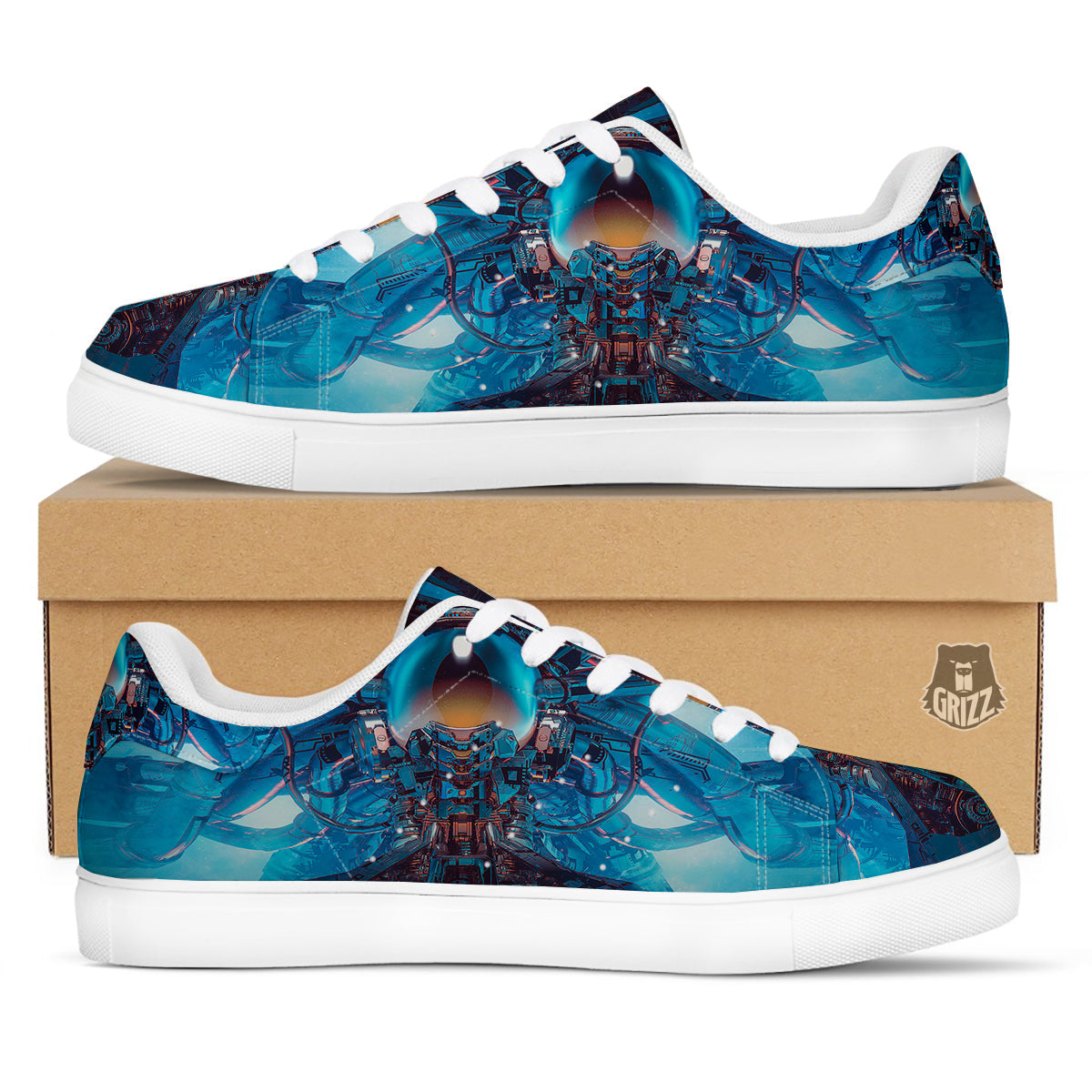 Blue Robot Cyberpunk Print White Low Top Sneakers-grizzshop