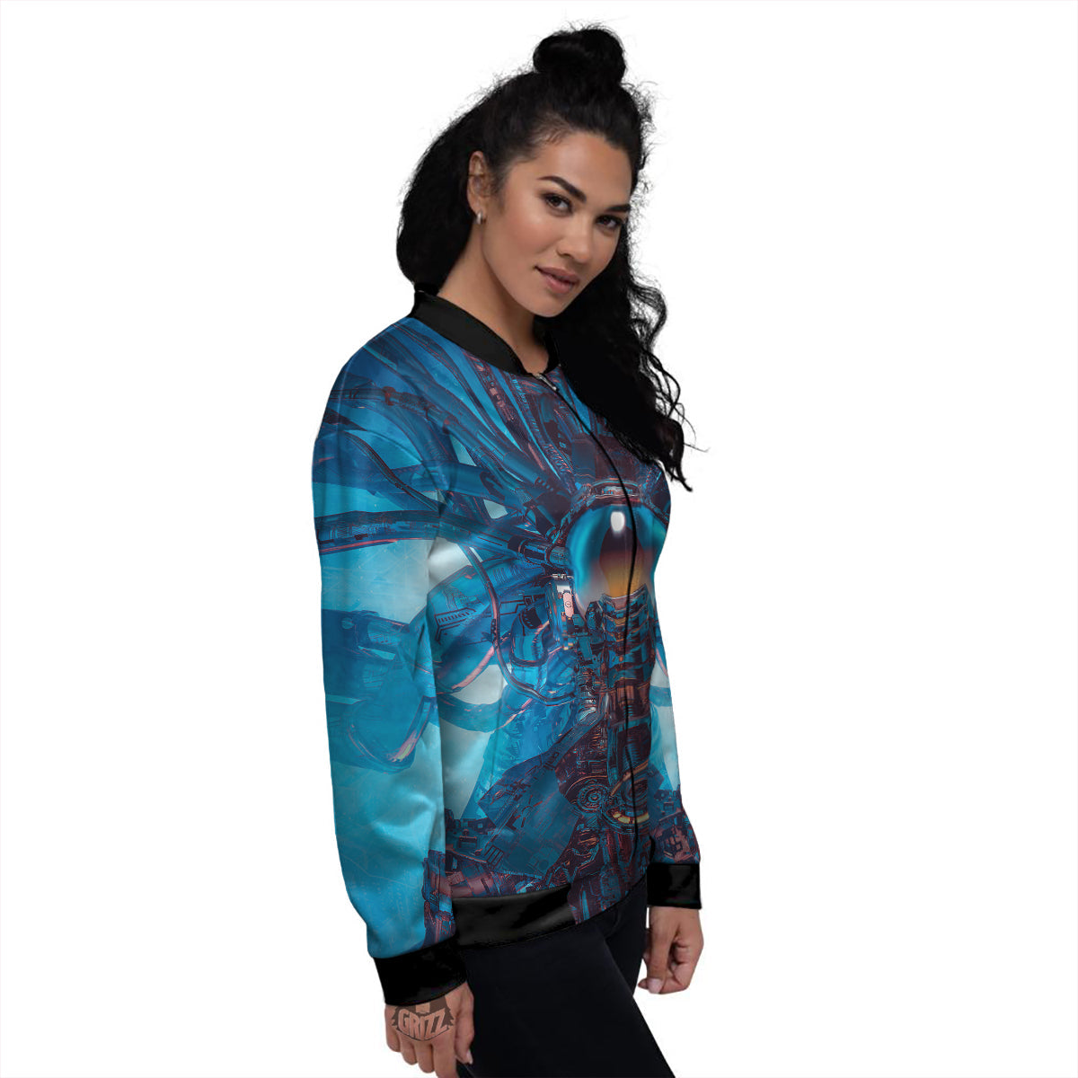 Blue Robot Cyberpunk Print Women's Bomber Jacket-grizzshop