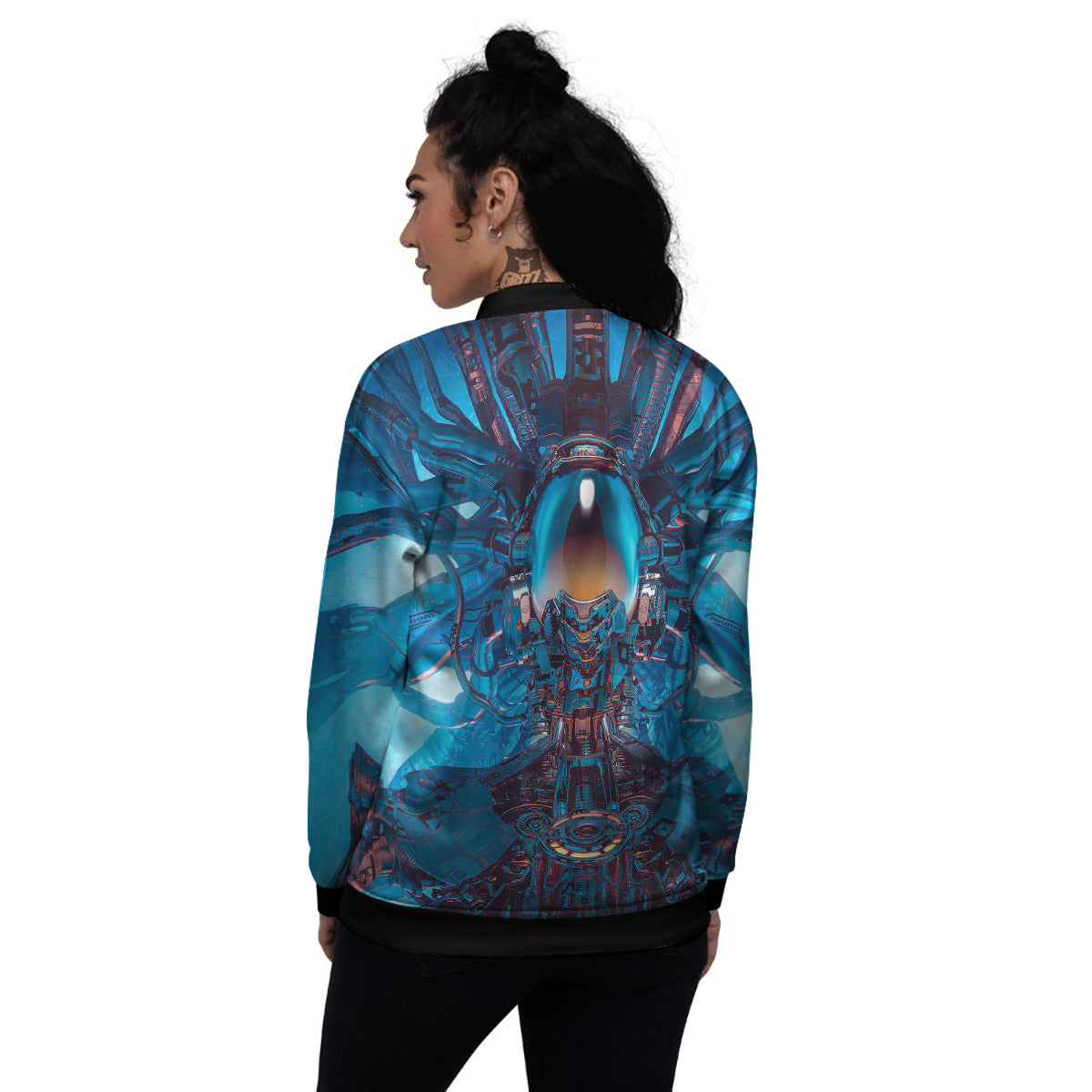 Blue Robot Cyberpunk Print Women's Bomber Jacket-grizzshop
