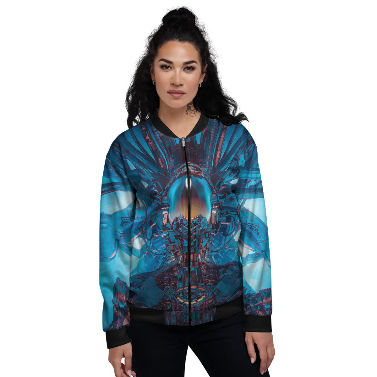 Blue Robot Cyberpunk Print Women's Bomber Jacket-grizzshop