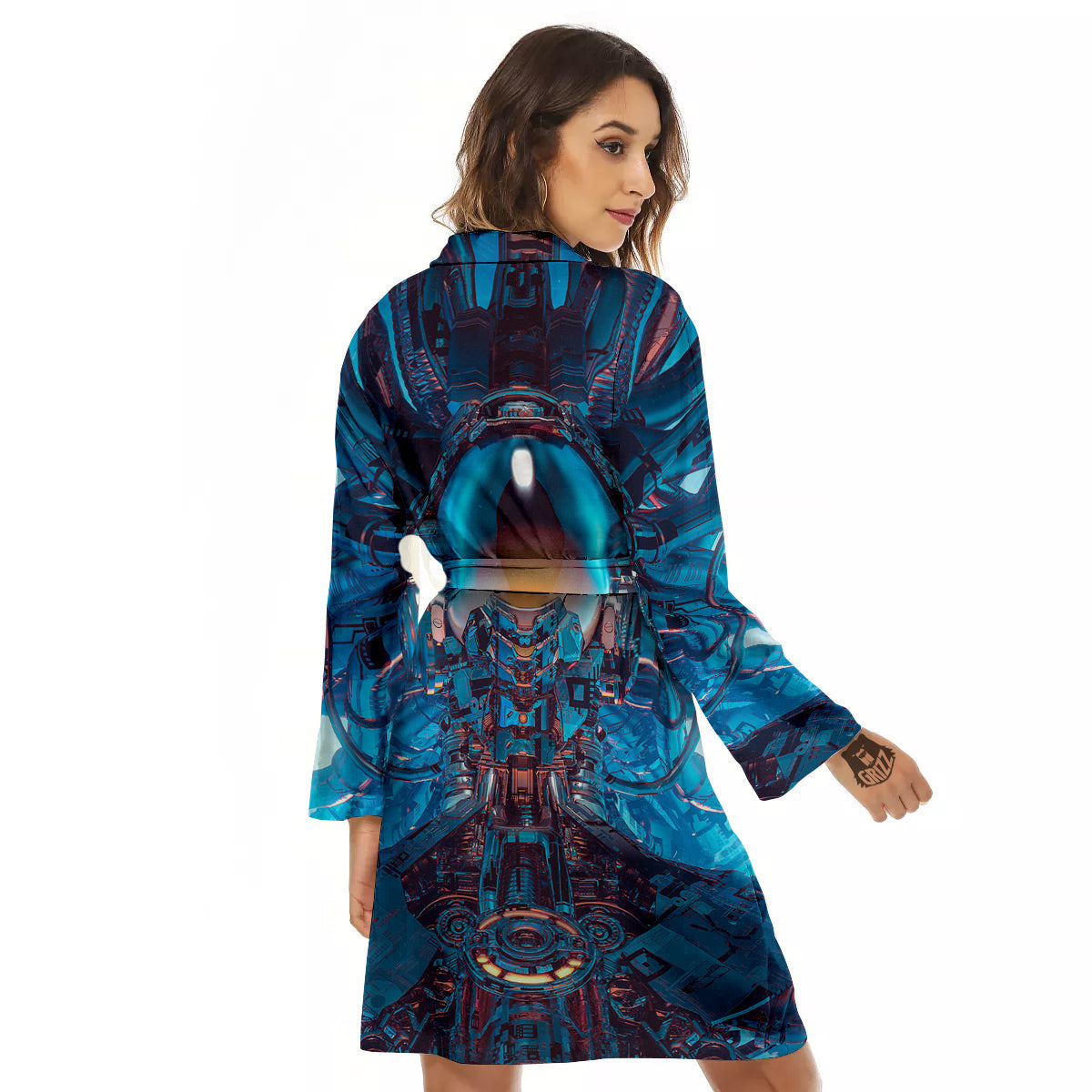 Blue Robot Cyberpunk Print Women's Robe-grizzshop