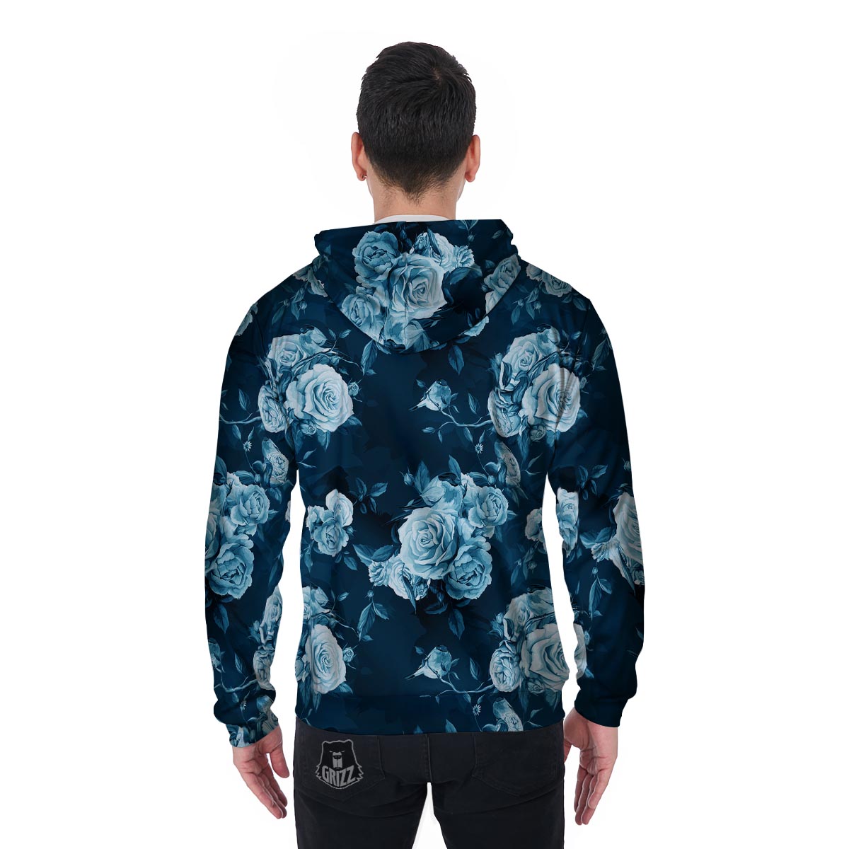Blue Rose Floral Men's Zip Up Hoodie-grizzshop