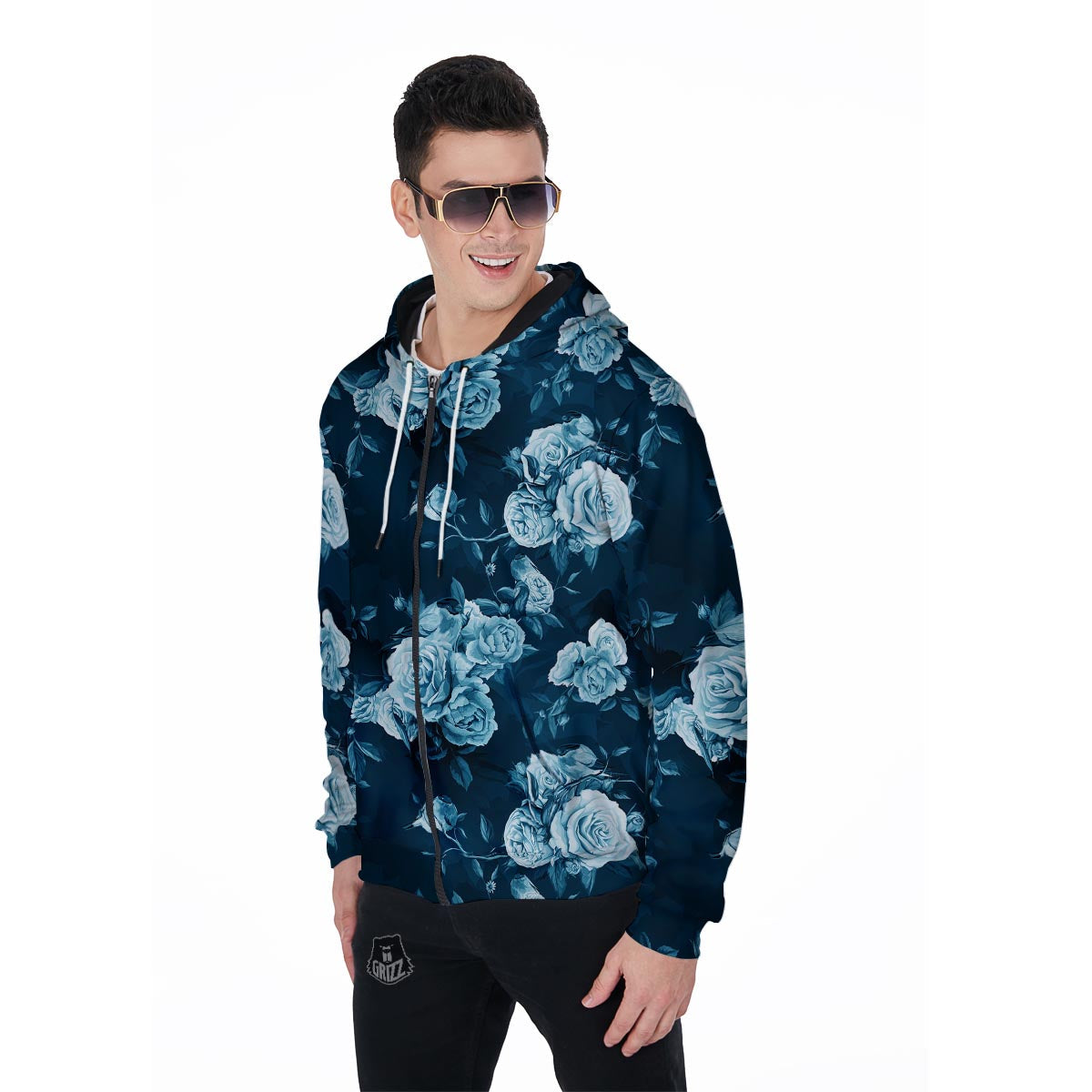 Blue Rose Floral Print Men's Zip Up Hoodie-grizzshop